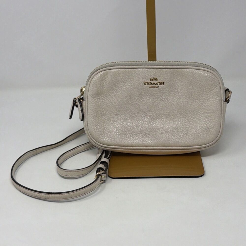AUTH Coach Double Zip Leather Crossbody Camera Bag Ivory Gold Adjustable